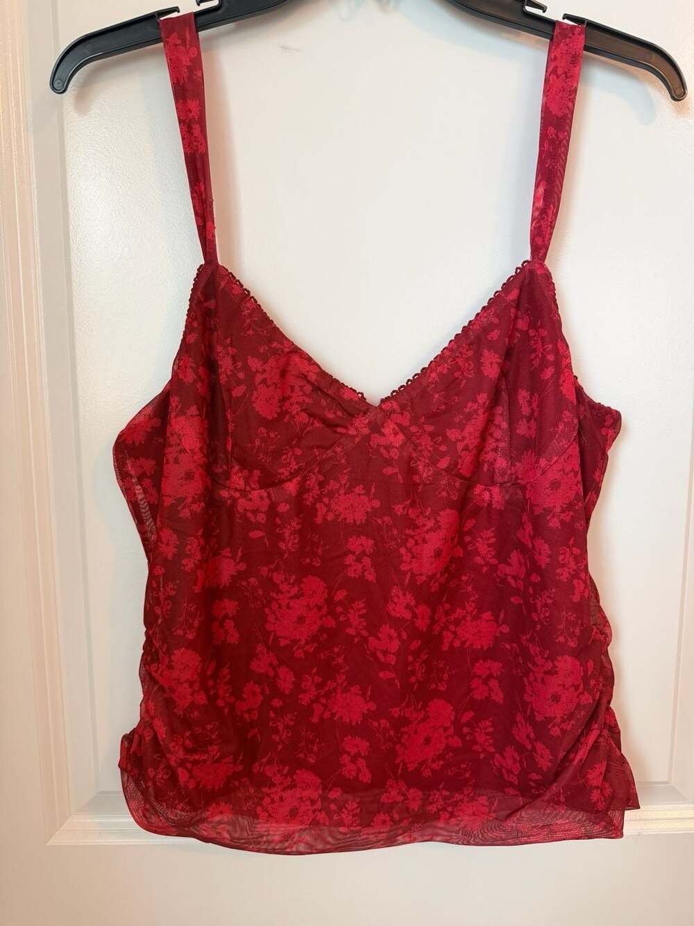 Princess Polly Red Floral Mesh Ruched Cami Top Size 12